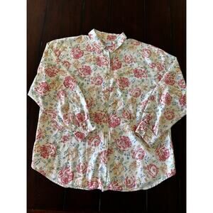 Talbots Women’s XL Floral Button Up Shirt Cream Pink Green Cotton Blouse